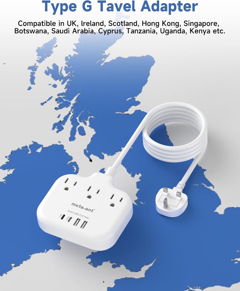 meta-ant Type G Adapter for Travel, US to UK Travel Adapter with 3ft Extension Cord,3 Outlets 4 USB(2 USB-C), Type G UK Ireland Travel Plug Adapter to British Scotland England London Hong Kong Dubai - Image 2
